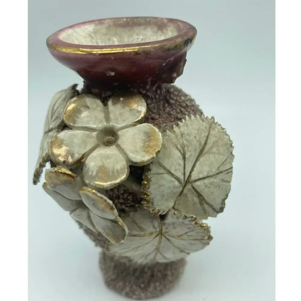Vintage Sand Majolica Vase‎ Pink Amphora Applied Flowers barbotine gilded
